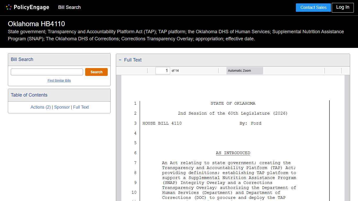 HB4110 Oklahoma 2026 State government; Transparency and Accountability Platform Act (TAP); TAP platform; the Oklahoma DHS of Human Services; Supplemental Nutrition Assistance Program (SNAP); The Oklahoma DHS of Corrections; Corrections Transparency Overlay; appropriation; effective date. - Legislative Tracking PolicyEngage